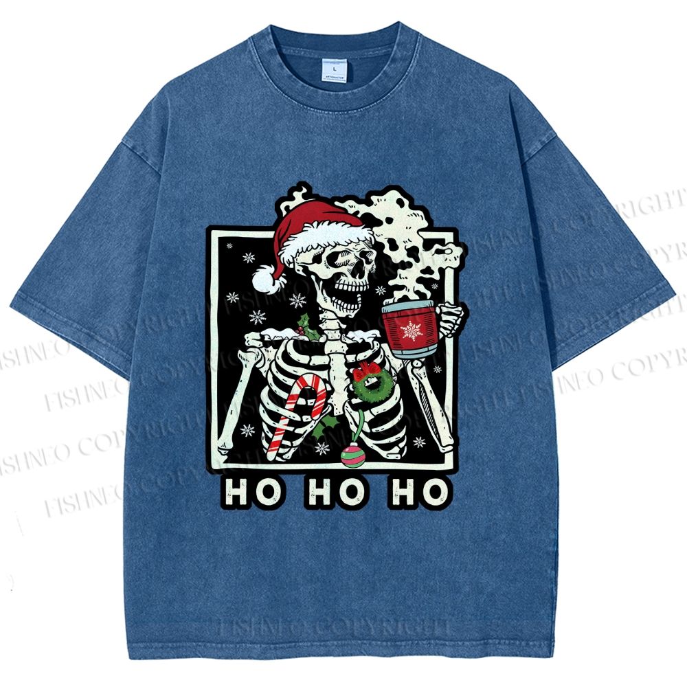 Unisex Christmas Skull Ho Ho Ho Printed Washed Tee