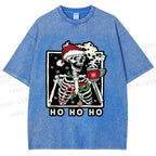 Unisex Christmas Skull Ho Ho Ho Printed Washed Tee