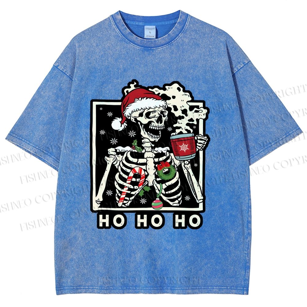 Unisex Christmas Skull Ho Ho Ho Printed Washed Tee