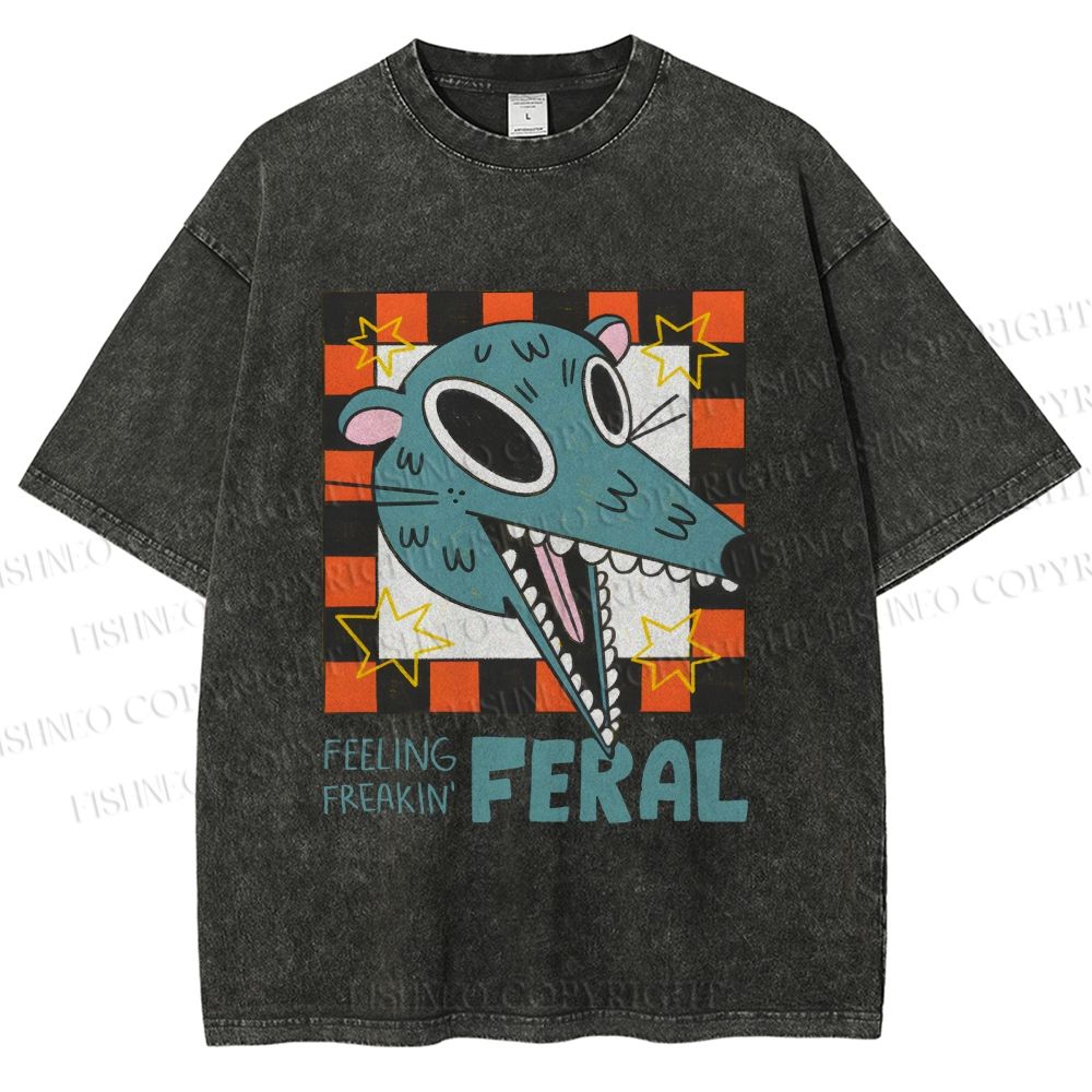Unisex Wolf Feeling Freaking Feral Printed Washed Tee