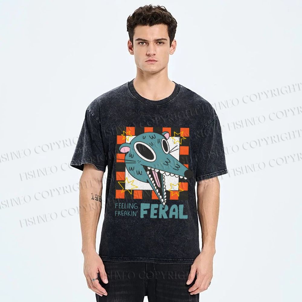 Unisex Wolf Feeling Freaking Feral Printed Washed Tee