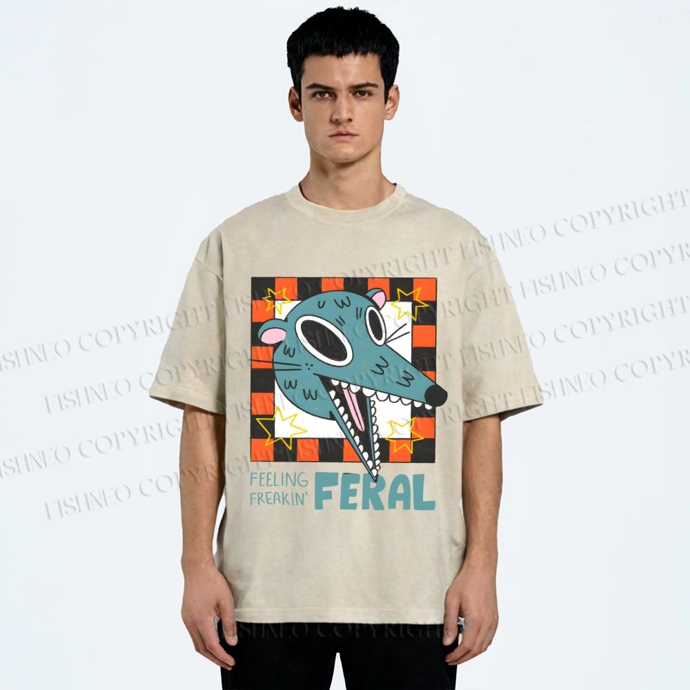 Unisex Wolf Feeling Freaking Feral Printed Washed Tee