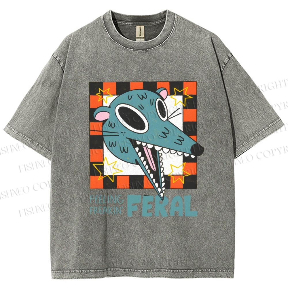 Unisex Wolf Feeling Freaking Feral Printed Washed Tee