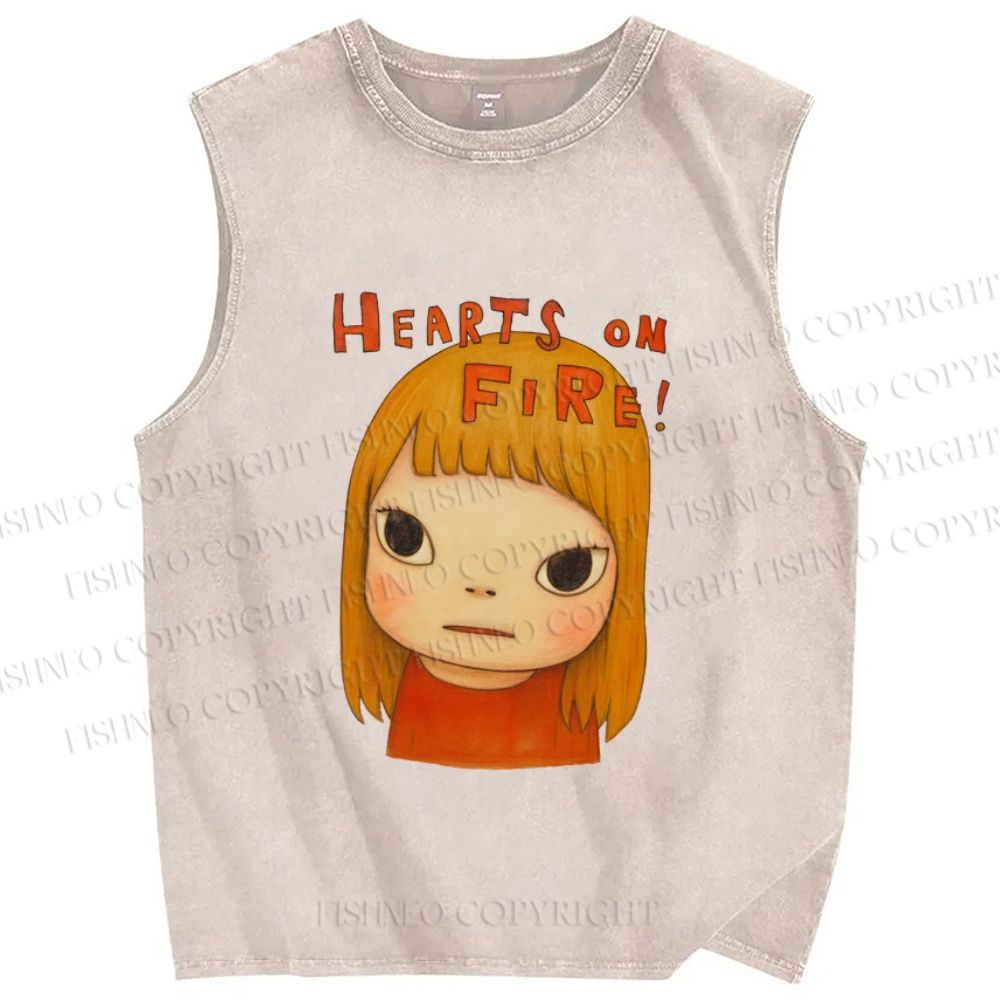 Unisex Hearts On Fire Yoshitomo Nara Printed Washed Tank Top