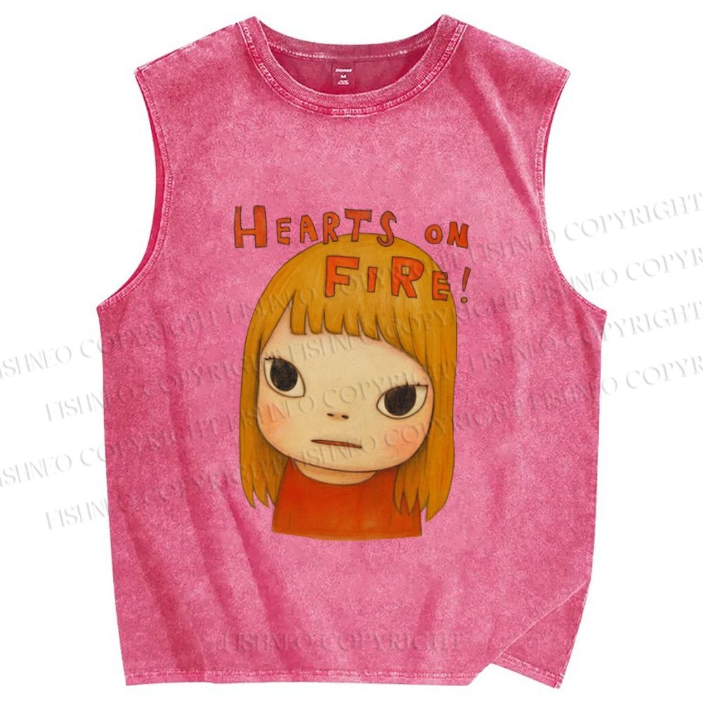 Unisex Hearts On Fire Yoshitomo Nara Printed Washed Tank Top