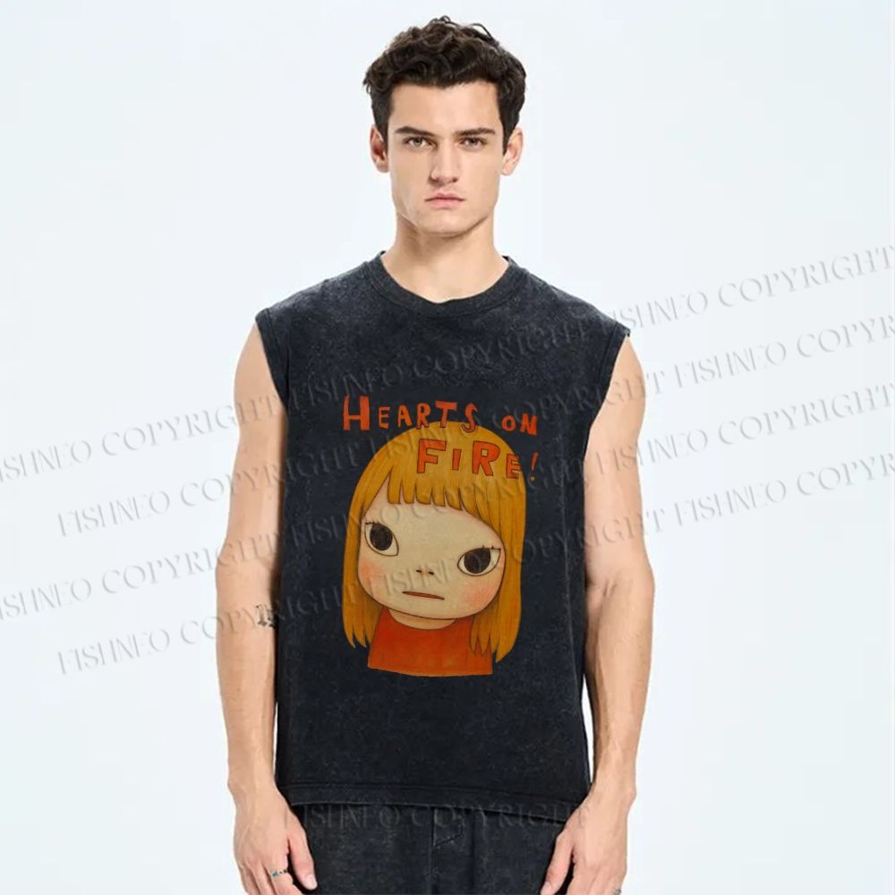 Unisex Hearts On Fire Yoshitomo Nara Printed Washed Tank Top