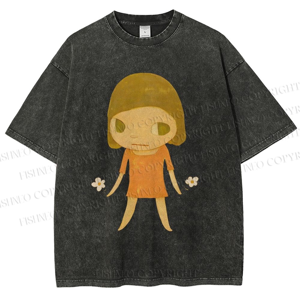 Unisex Yoshitomo Nara Girl Flower Printed Washed Tee