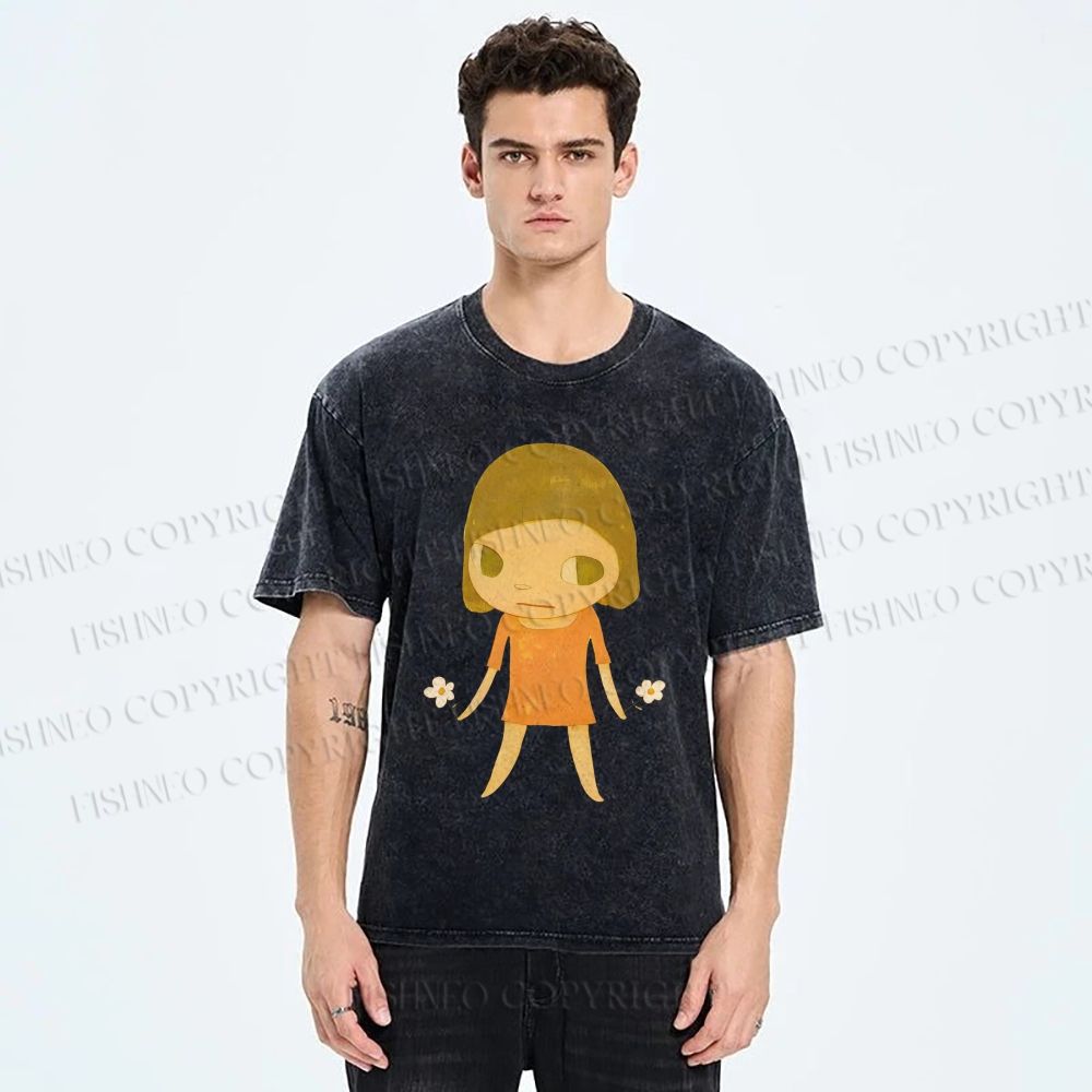 Unisex Yoshitomo Nara Girl Flower Printed Washed Tee