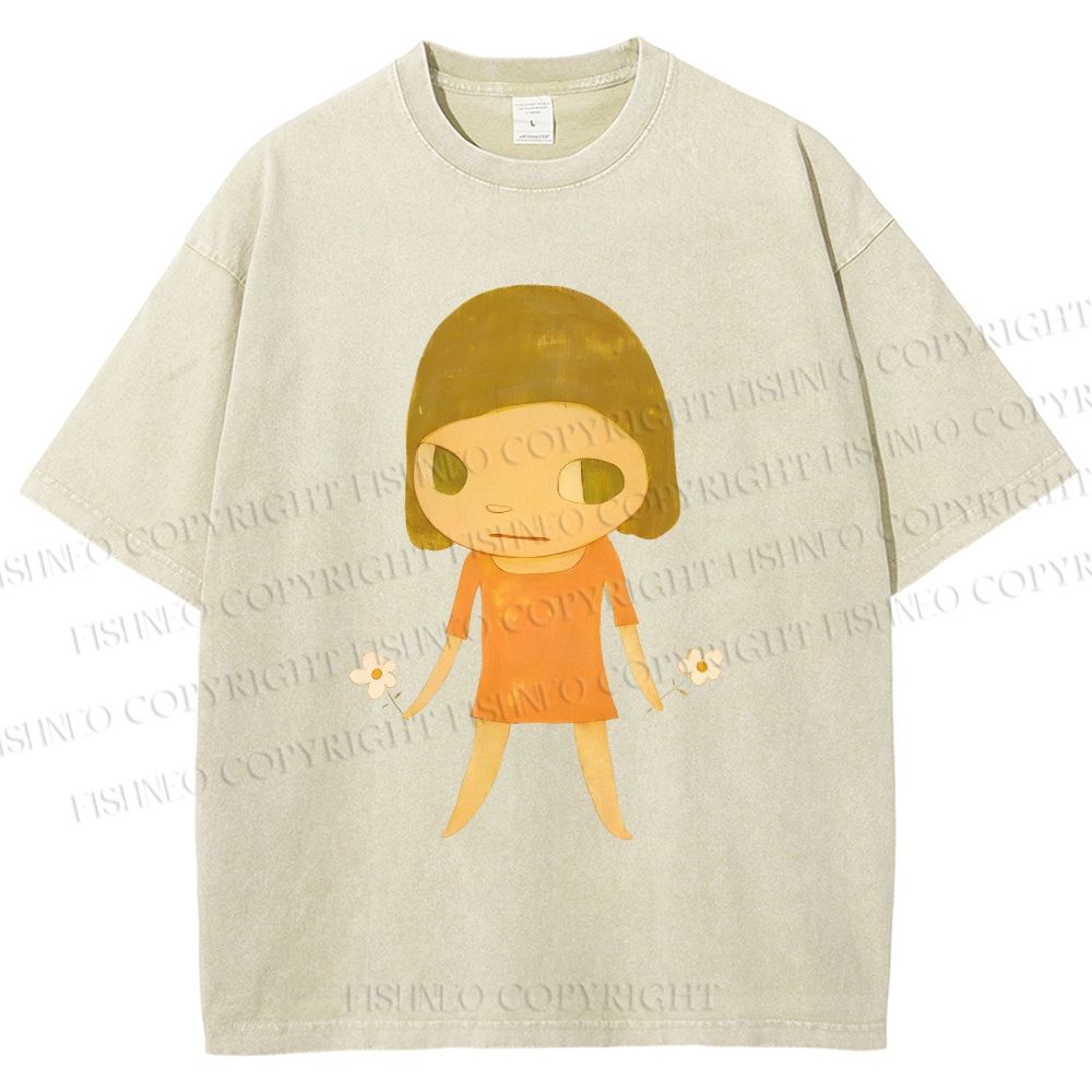 Unisex Yoshitomo Nara Girl Flower Printed Washed Tee