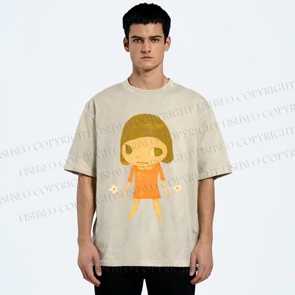 Unisex Yoshitomo Nara Girl Flower Printed Washed Tee