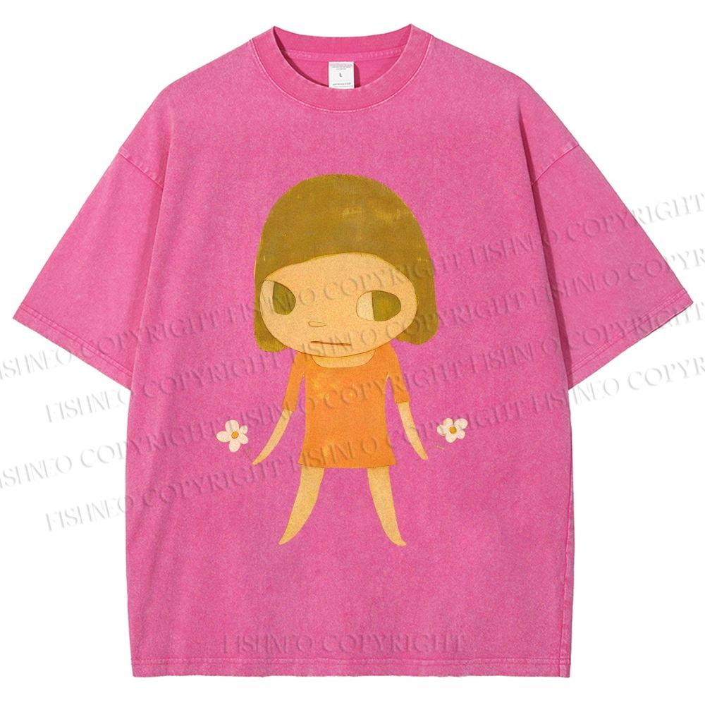 Unisex Yoshitomo Nara Girl Flower Printed Washed Tee