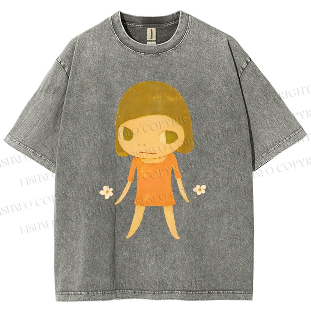 Unisex Yoshitomo Nara Girl Flower Printed Washed Tee
