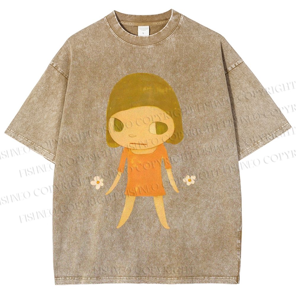 Unisex Yoshitomo Nara Girl Flower Printed Washed Tee
