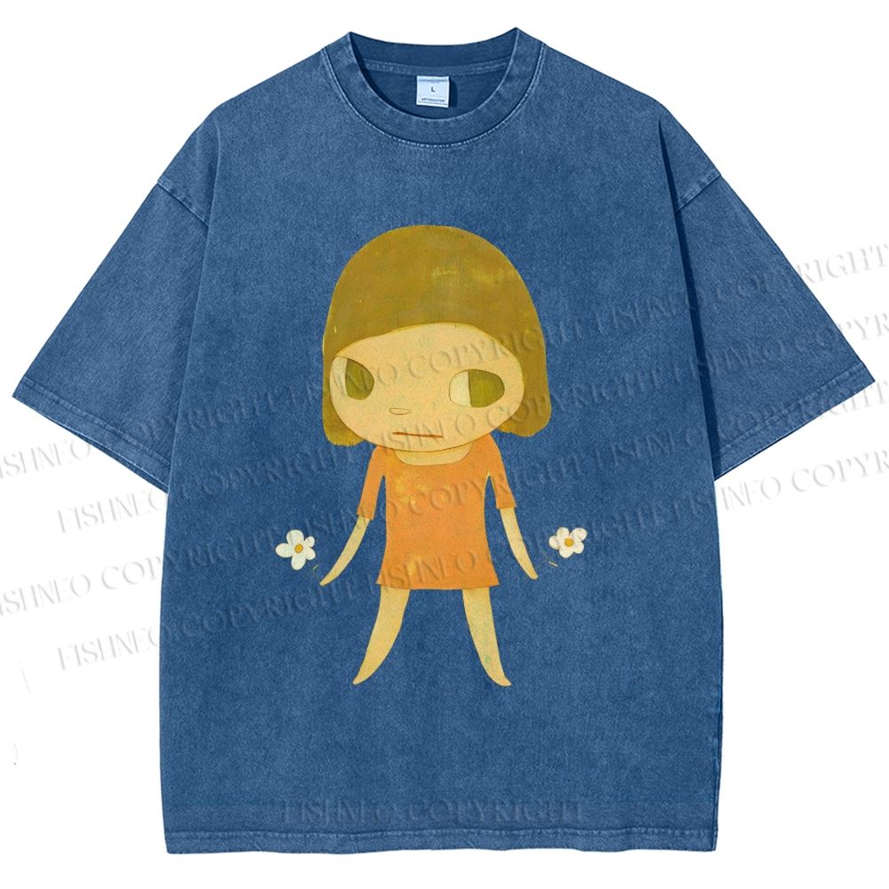 Unisex Yoshitomo Nara Girl Flower Printed Washed Tee