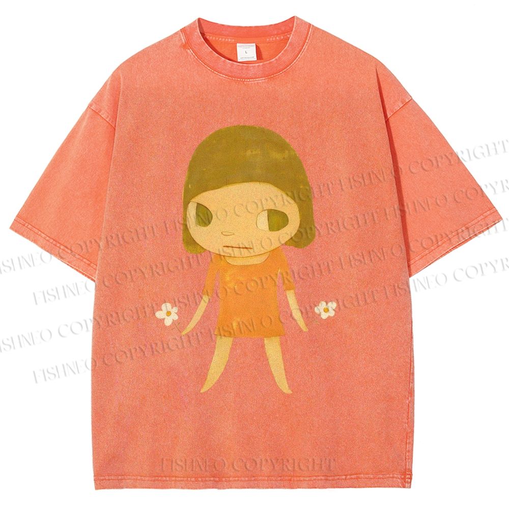 Unisex Yoshitomo Nara Girl Flower Printed Washed Tee