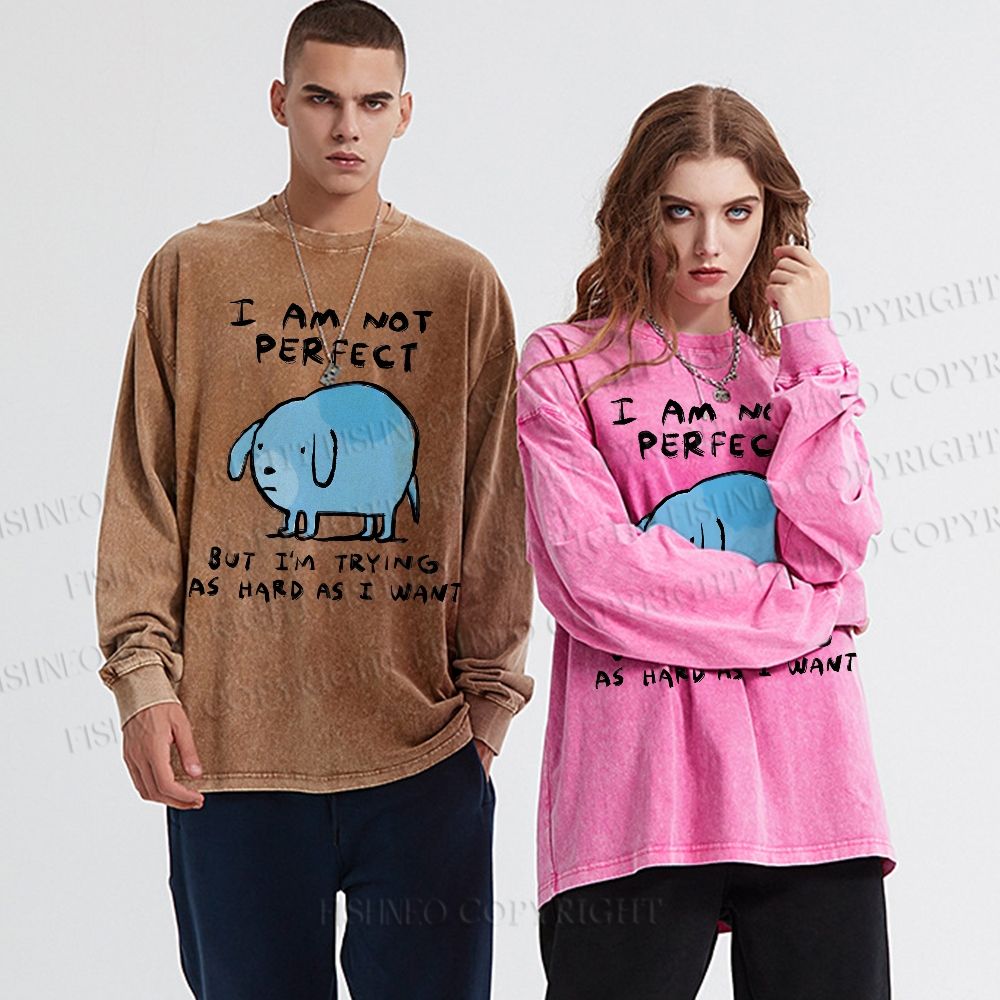 Unisex Casual Washed  I Am Not Perfect Dog Printed Long Sleeve T-shirt