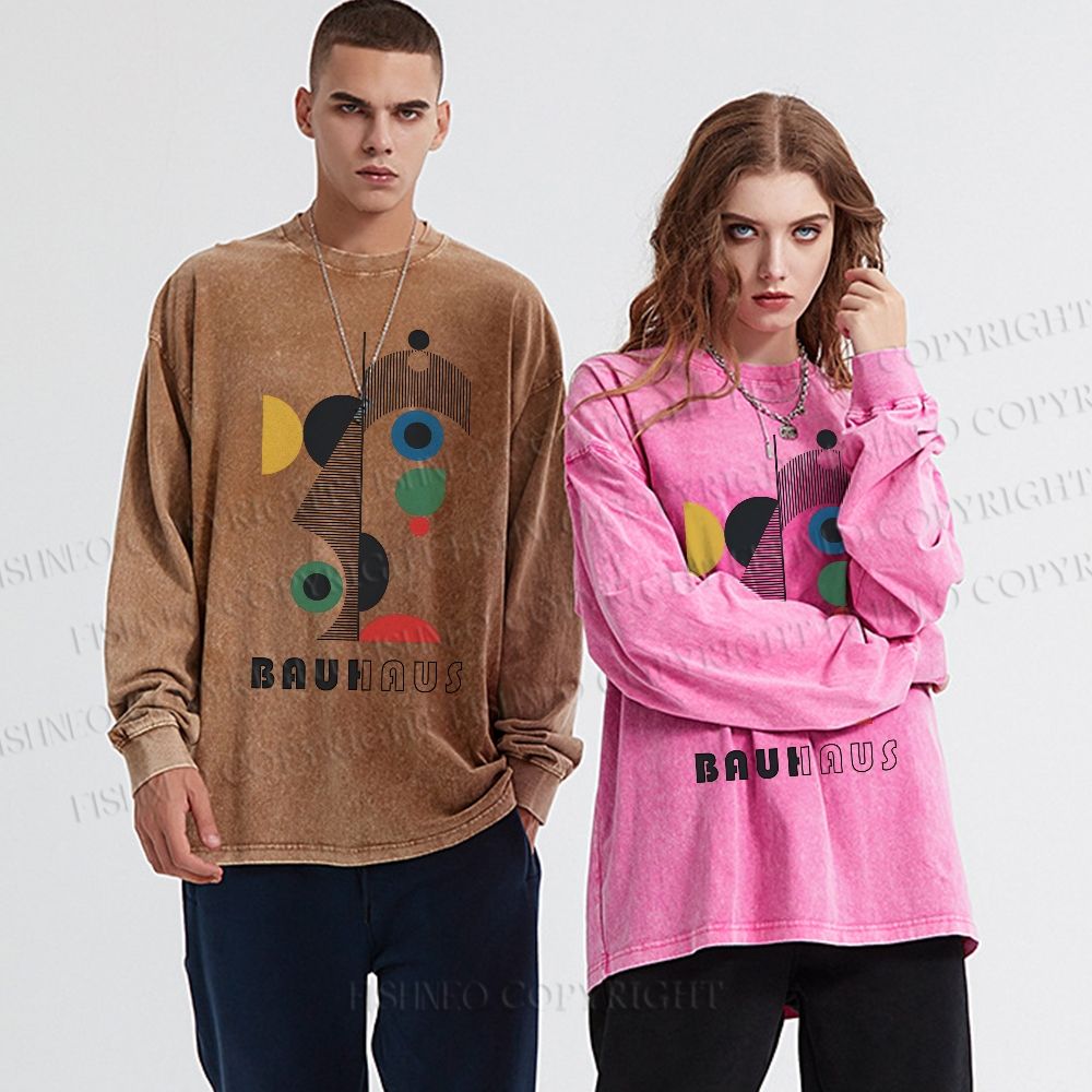 Unisex Casual Washed Bauhaus Art Geometry Printed Long Sleeve T-shirt