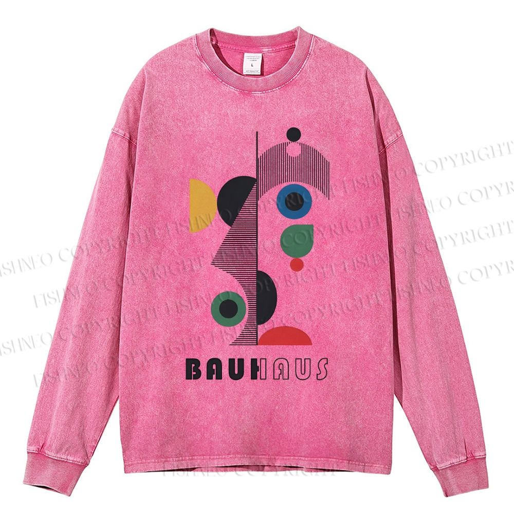 Unisex Casual Washed Bauhaus Art Geometry Printed Long Sleeve T-shirt