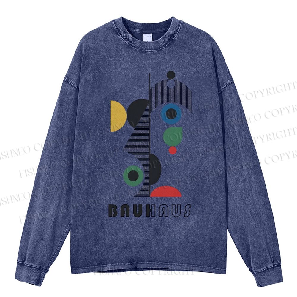 Unisex Casual Washed Bauhaus Art Geometry Printed Long Sleeve T-shirt