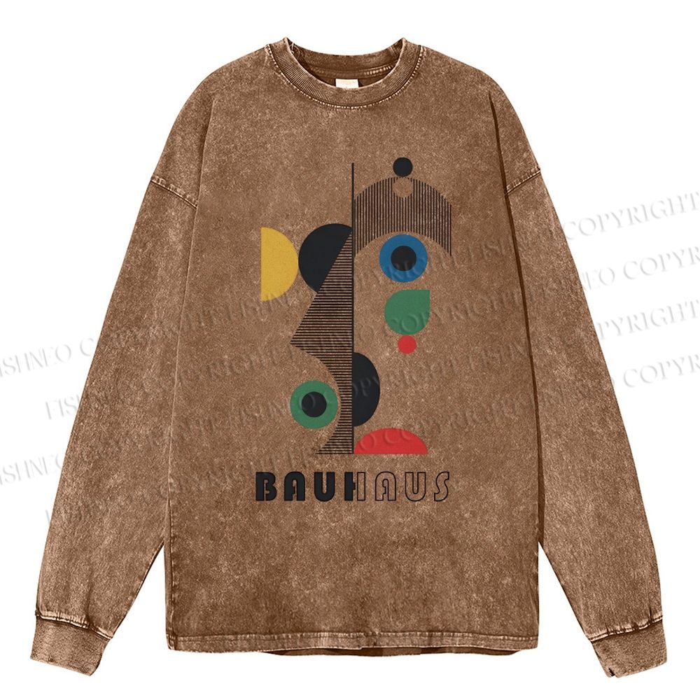 Unisex Casual Washed Bauhaus Art Geometry Printed Long Sleeve T-shirt