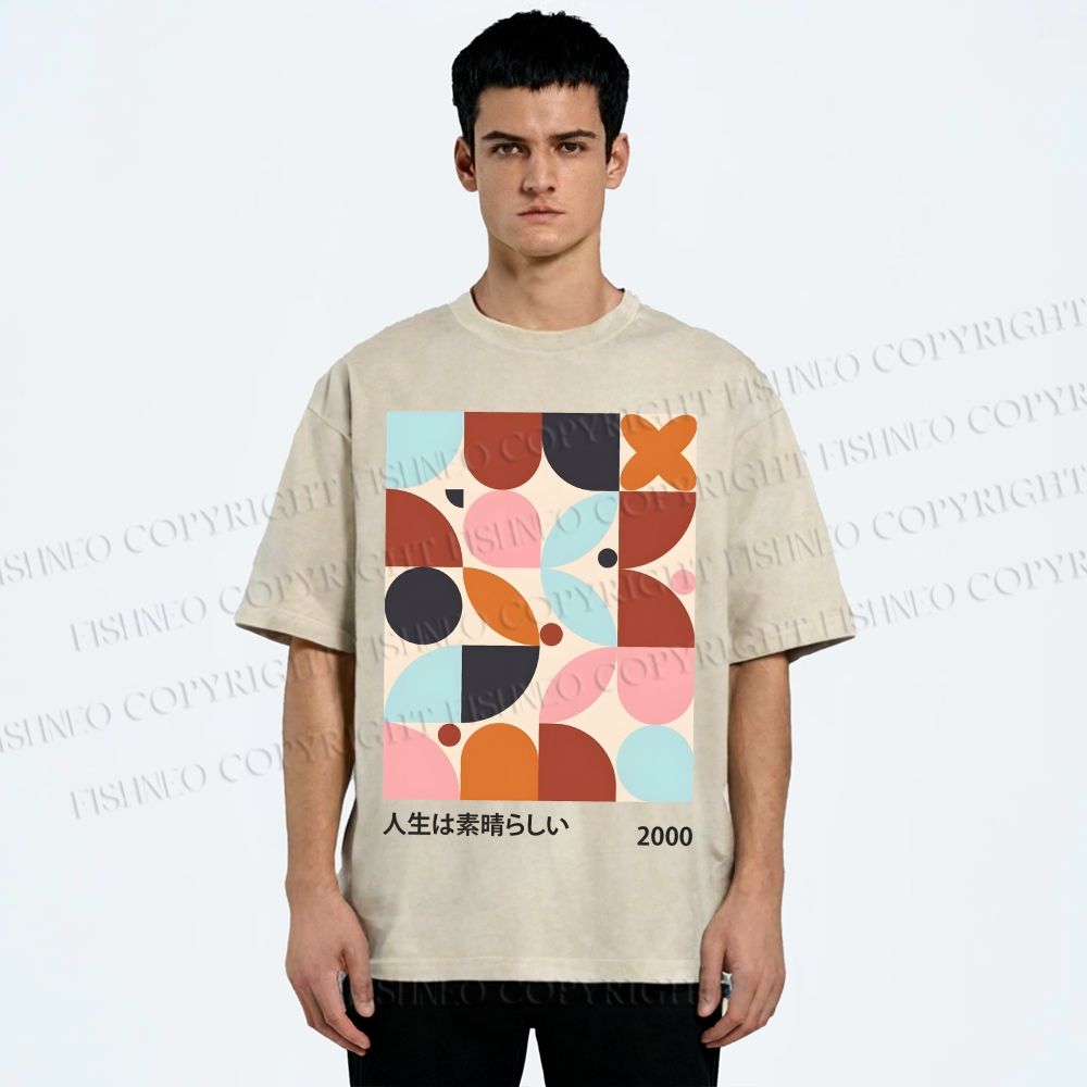 Unisex Artistic Geometric Color Blocks Printed Washed Tee