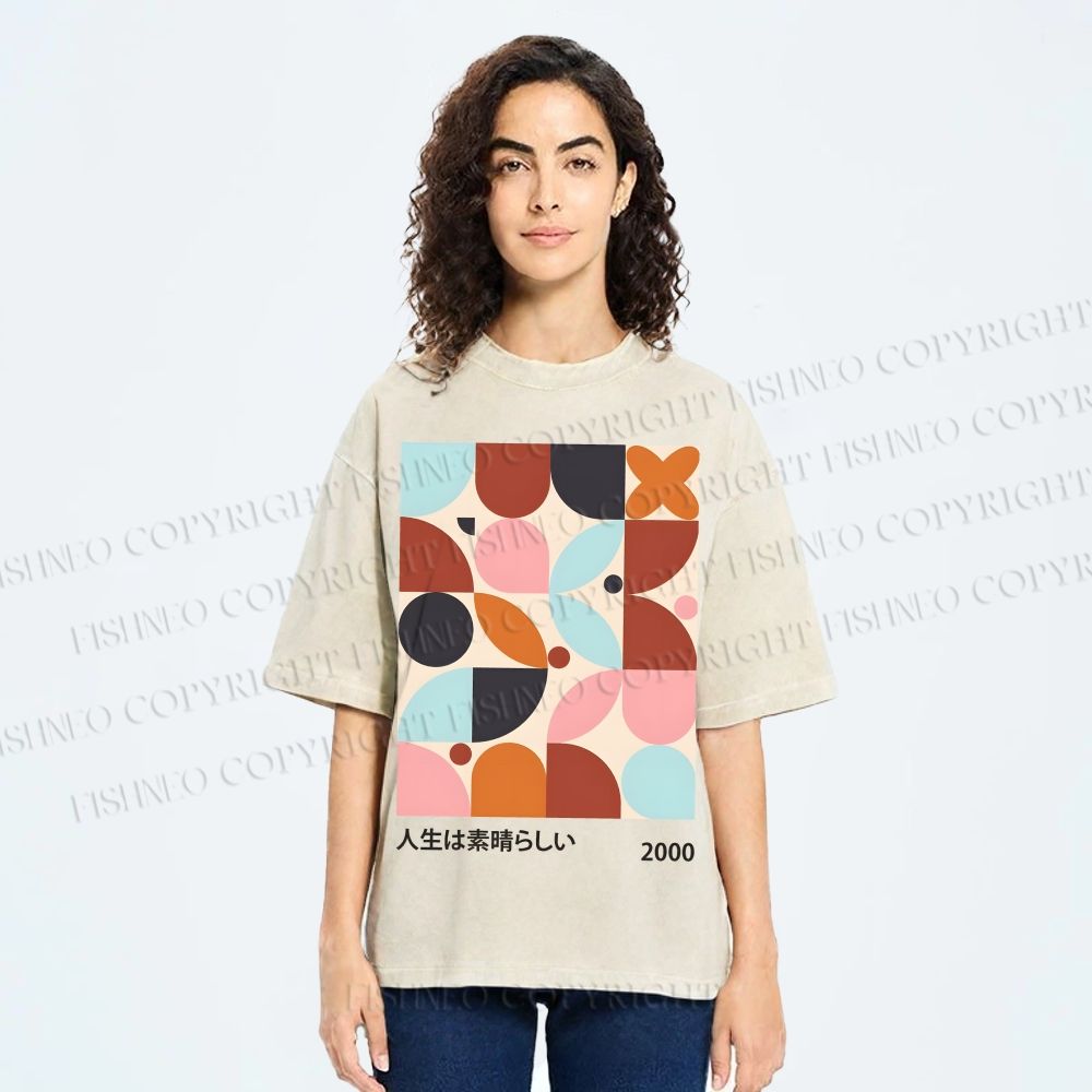 Unisex Artistic Geometric Color Blocks Printed Washed Tee