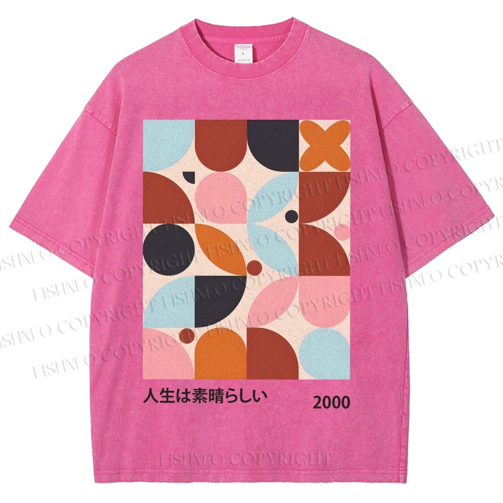 Unisex Artistic Geometric Color Blocks Printed Washed Tee
