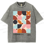 Unisex Artistic Geometric Color Blocks Printed Washed Tee