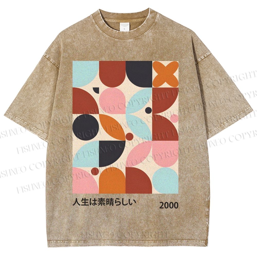 Unisex Artistic Geometric Color Blocks Printed Washed Tee