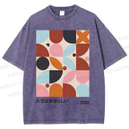 Unisex Artistic Geometric Color Blocks Printed Washed Tee