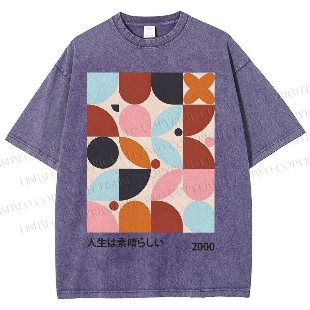 Unisex Artistic Geometric Color Blocks Printed Washed Tee