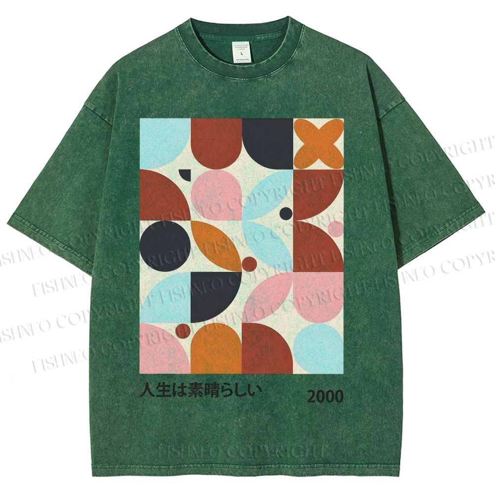 Unisex Artistic Geometric Color Blocks Printed Washed Tee