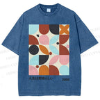 Unisex Artistic Geometric Color Blocks Printed Washed Tee