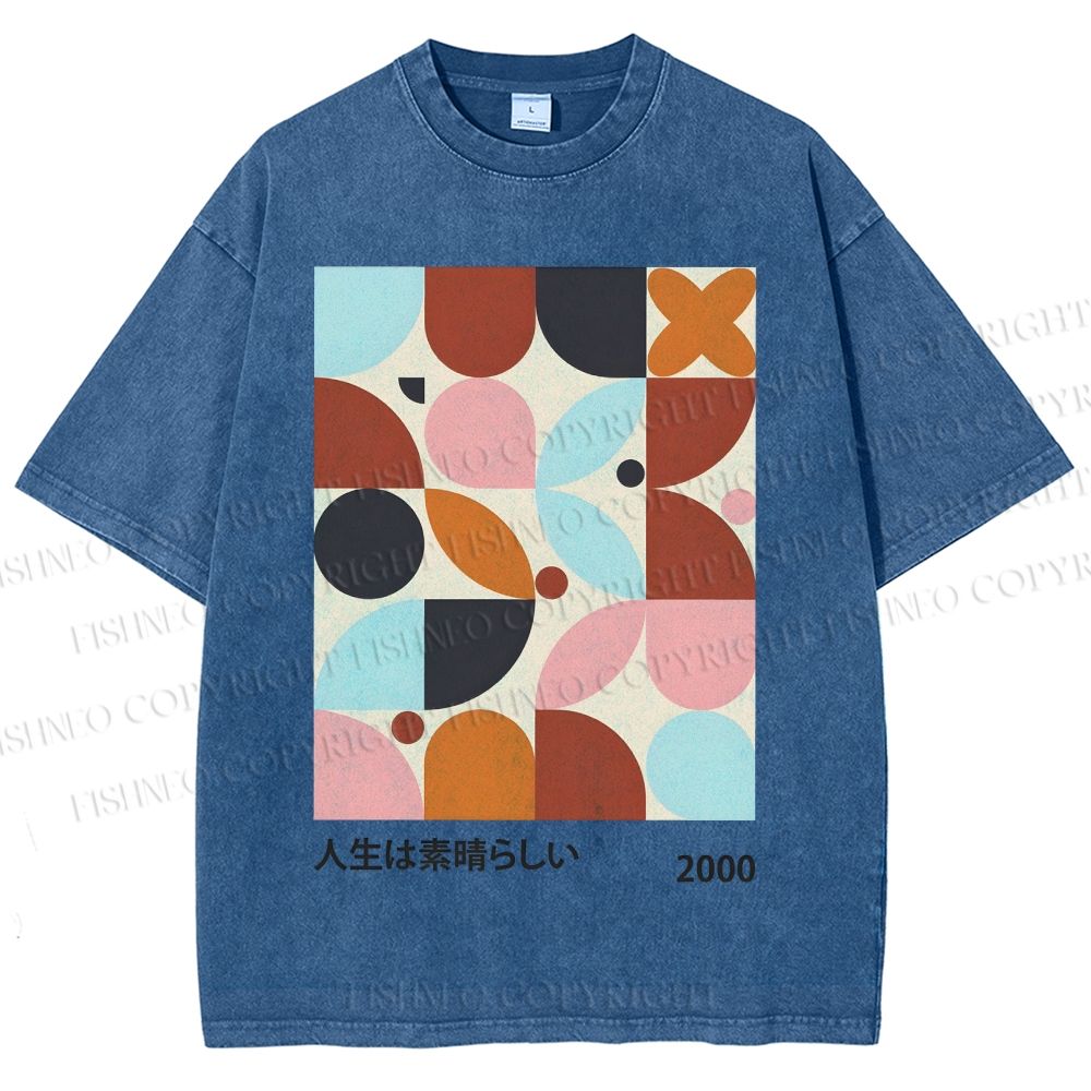 Unisex Artistic Geometric Color Blocks Printed Washed Tee
