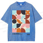 Unisex Artistic Geometric Color Blocks Printed Washed Tee
