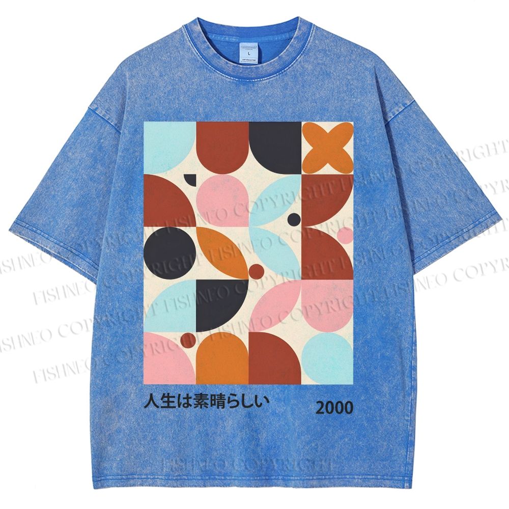 Unisex Artistic Geometric Color Blocks Printed Washed Tee