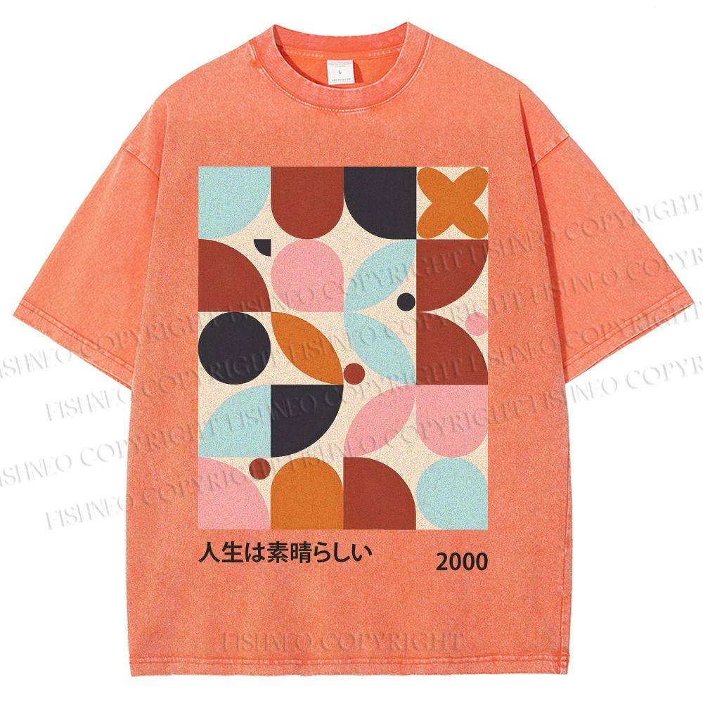Unisex Artistic Geometric Color Blocks Printed Washed Tee