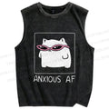 Unisex Anxious Cat Printed Washed Tank Top