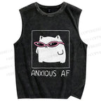 Unisex Anxious Cat Printed Washed Tank Top