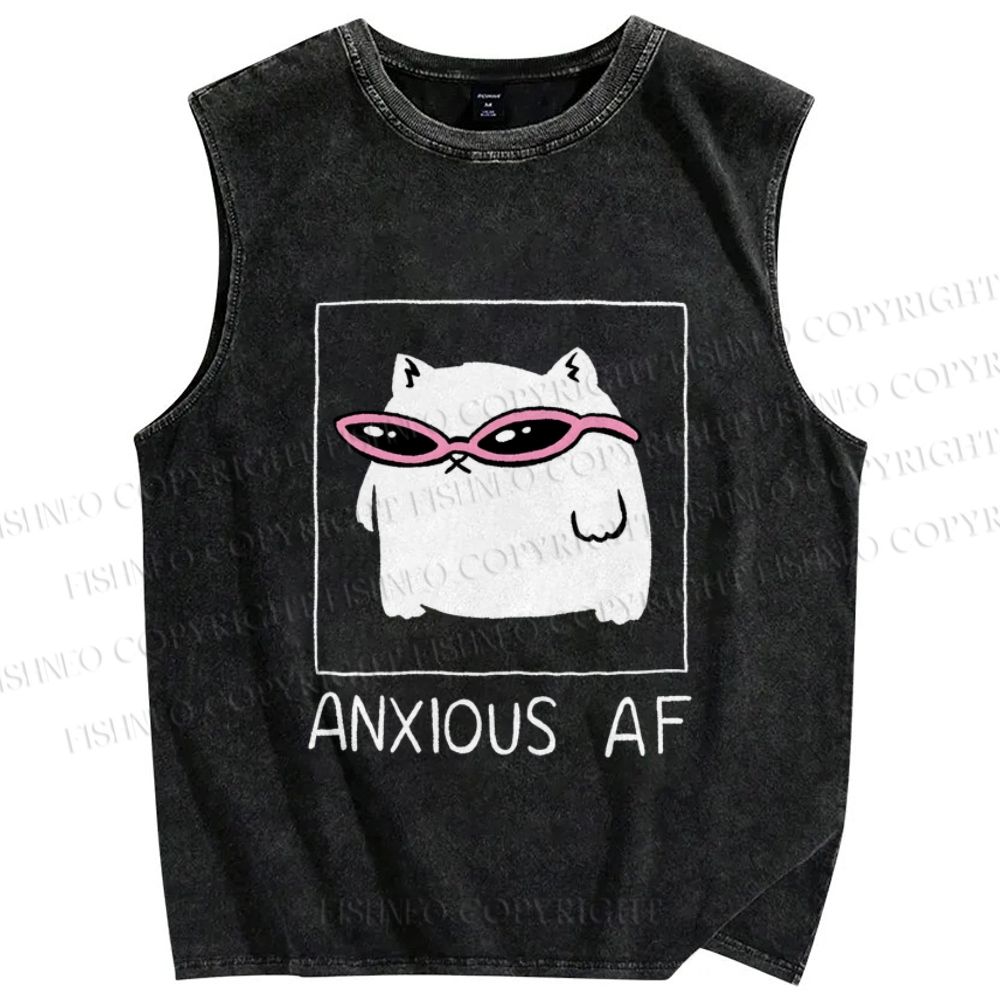 Unisex Anxious Cat Printed Washed Tank Top