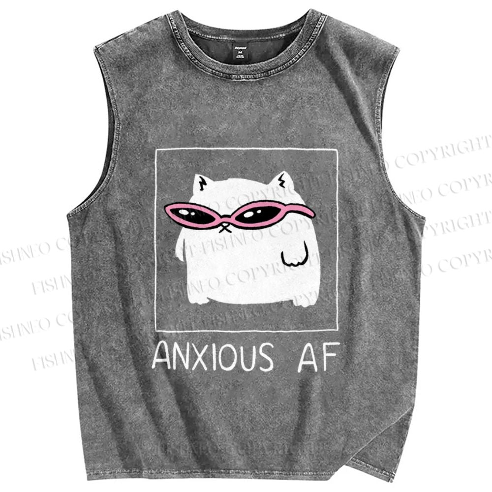 Unisex Anxious Cat Printed Washed Tank Top