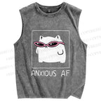 Unisex Anxious Cat Printed Washed Tank Top
