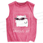 Unisex Anxious Cat Printed Washed Tank Top