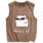 Unisex Anxious Cat Printed Washed Tank Top
