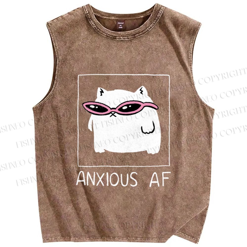 Unisex Anxious Cat Printed Washed Tank Top