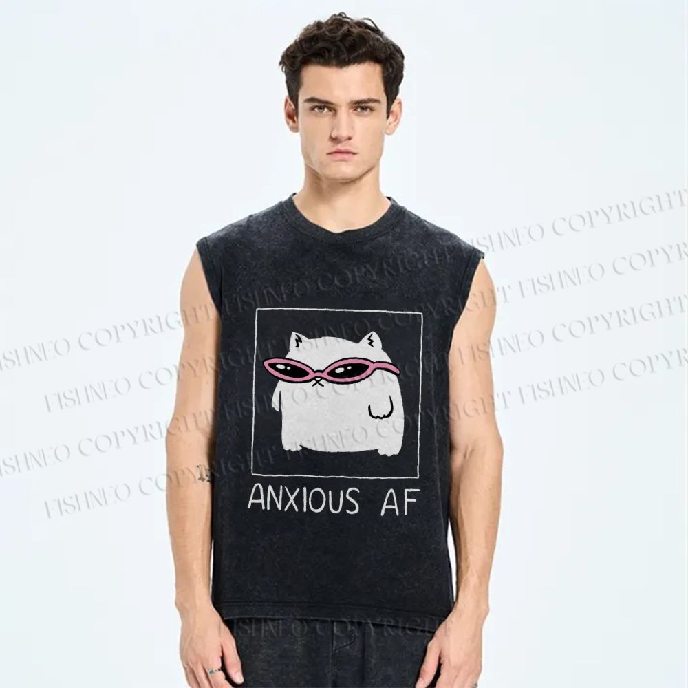 Unisex Anxious Cat Printed Washed Tank Top
