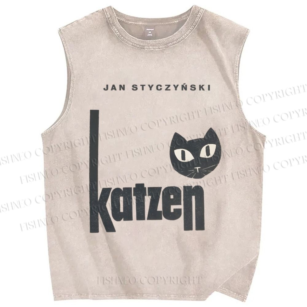 Unisex Art Cat Printed Washed Tank Top