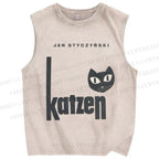 Unisex Art Cat Printed Washed Tank Top