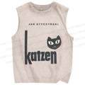 Unisex Art Cat Printed Washed Tank Top