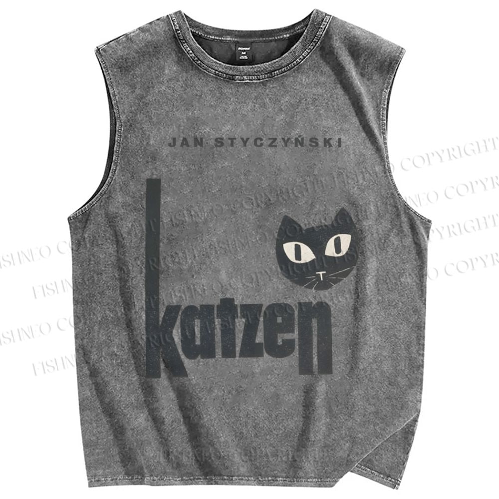 Unisex Art Cat Printed Washed Tank Top